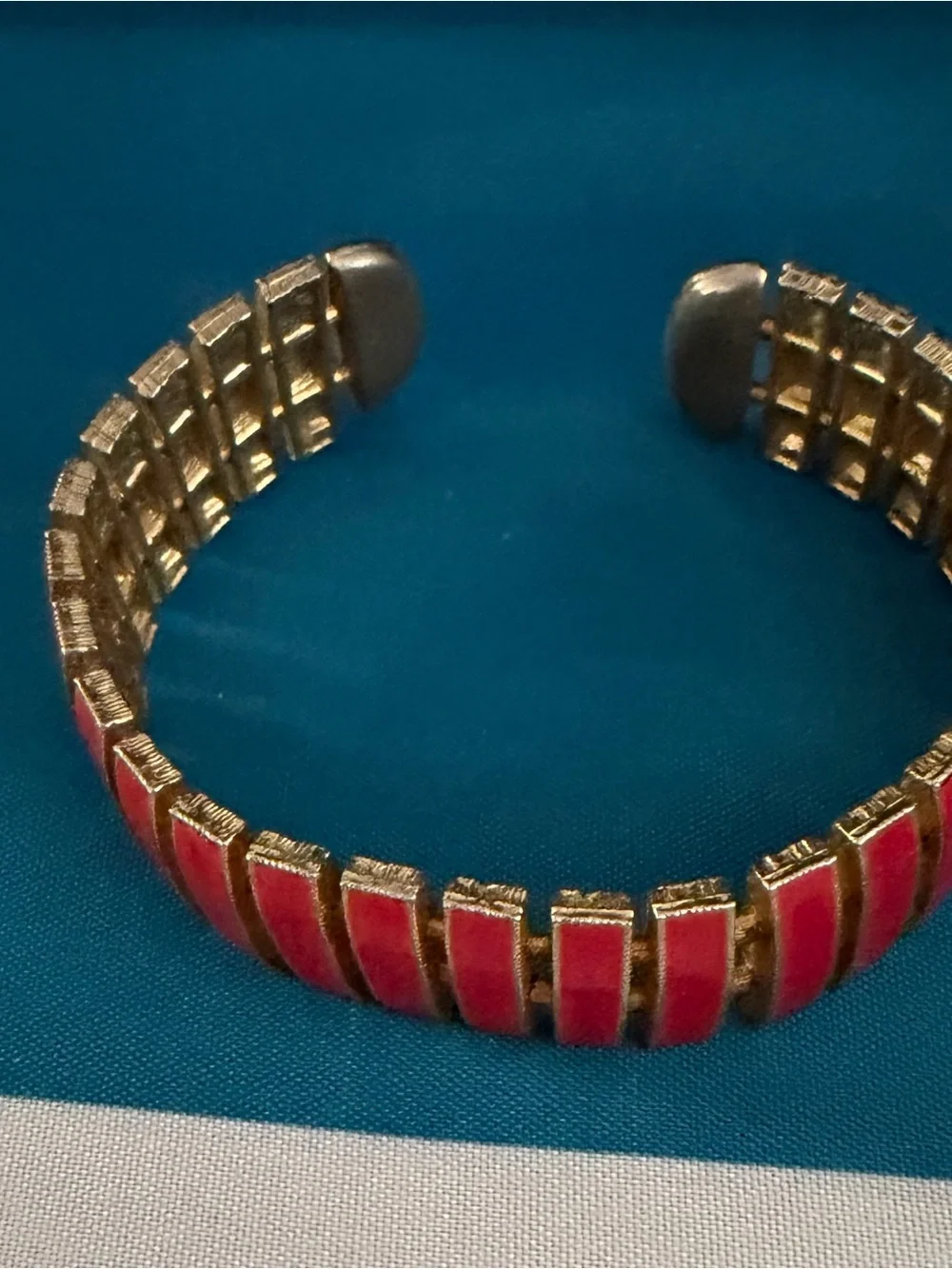Vintage Gold Tone Cuff Bracelet with Coral Red Enamel Bars
